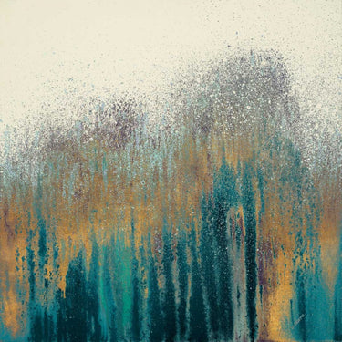 Teal abstract canvas art print with gold square accents by Gonzalez Roberto, created for Feeling at Home.