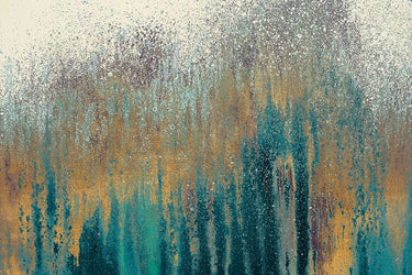 Teal and gold abstract canvas art print by Gonzalez Roberto, featuring wood textures and modern design, on a neutral background.