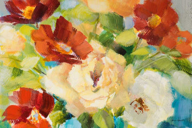 Feeling at Home floral art print featuring colorful flowers in a teal vase on canvas by Loreth Lanie.