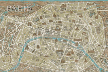 Blue travel map art print of Paris monuments by Feeling at Home, on canvas, featuring iconic Paris landmarks in a stylish design.