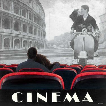 Vintage canvas art print titled Cinema Roma by Fabiano Marco, featuring a classic scene in warm tones, suitable for home decor.