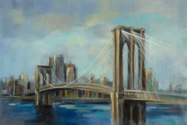 Brooklyn Bridge travel canvas art print by Vassileva Silvia showcasing a detailed cityscape in soft colors.