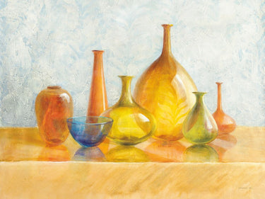 Colorful glass vessels still-life canvas art print by Nai Danhui, featuring vibrant glassware in a detailed, artistic composition.