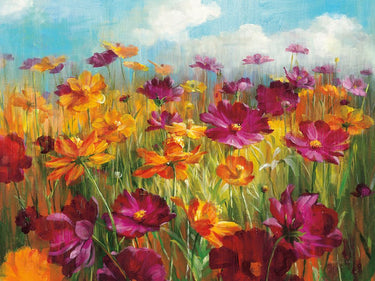 Feeling at Home floral canvas art print featuring a cosmos in the field, vibrant botanical artwork by Nai Danhui.