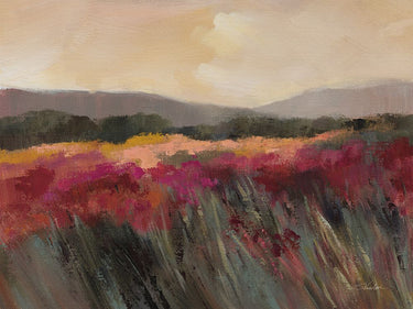Coral and magenta meadow landscape canvas art print by Vassileva Silvia, featuring vibrant floral and natural scenery.