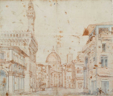 Firenze Perspective European canvas art print by Peruzzi Baldassare featuring a scenic city view in soft tones.