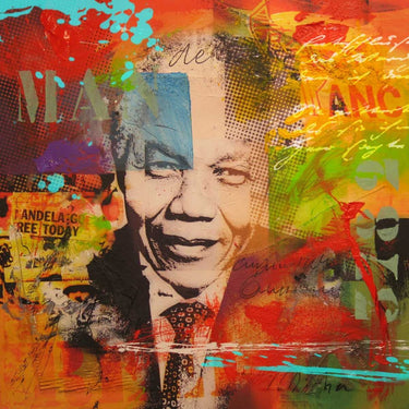 Mandela photography canvas art print by Baker Micha, featuring a detailed black and white portrait on textured canvas.
