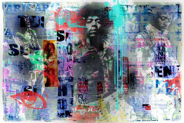 European canvas art print of Jimi Hendrix by Baker Micha, featuring vibrant colors and artistic portrait in a modern style.