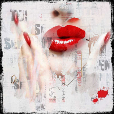 Red lips pop culture canvas art print by Feeling at Home, featuring bold red lips on a neutral background.