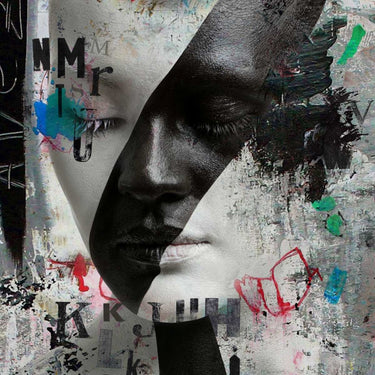 European canvas art print titled "Black Beauty" by Baker Micha, featuring a stylish black and white design on textured canvas.