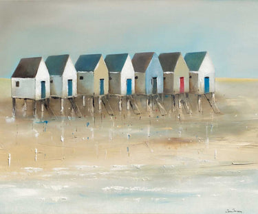Coastal canvas art print featuring beach cabins by Jauneau Jean, vibrant seaside scene for home decor.
