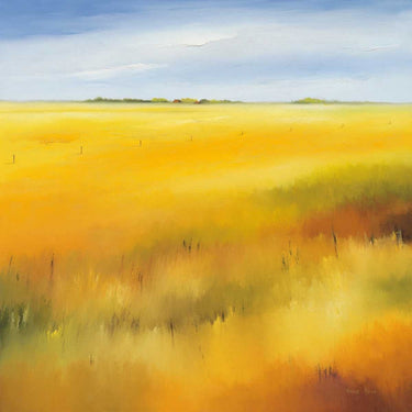 European canvas art print titled Yellow Field II by Paus Hans, featuring vibrant yellow and green landscape on canvas.