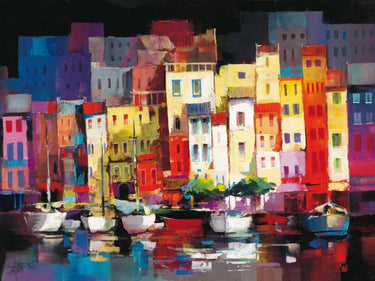 Coastal canvas art print of Seaport Town I by Haenraets Willem, featuring a scenic harbor scene with boats and waterfront buildings.