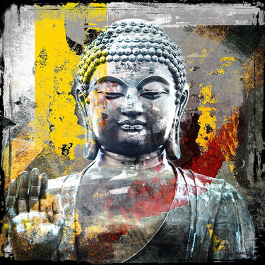Buddha II figurative canvas art print by Feeling at Home featuring a serene Buddha image on textured canvas background.