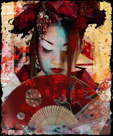 Figurative canvas art print titled "Geisha colours" by Bakker Hans Jochem, featuring vibrant Japanese-inspired portrait in soft hues.
