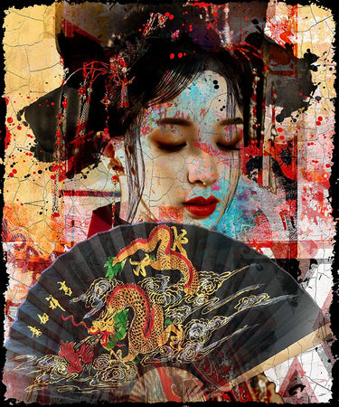 Feeling at Home Geischa Colours II figurative canvas art print by Bakker Hans Jochem, featuring vibrant abstract shapes and bold colors.