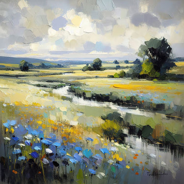Blue field European canvas art print by Saunders Tom, featuring a serene landscape scene in vibrant colors.