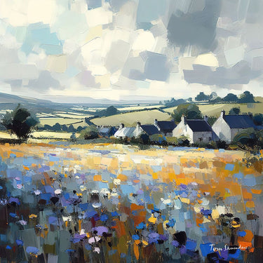 Blue Field II European canvas art print by Saunders Tom, featuring abstract blue and green landscape design on a textured canvas.
