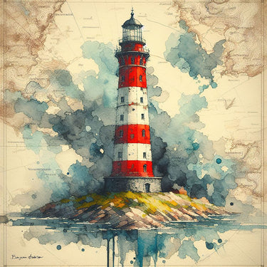 Lighthouse red and white coastal canvas art print by Baker Micha, featuring a scenic nautical lighthouse scene.