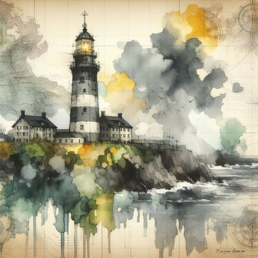 Grey lighthouse coastal canvas art print by Anderson Benjamin, featuring a serene lighthouse scene in calming coastal tones.