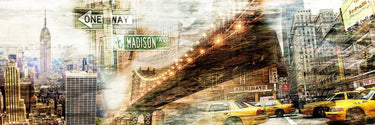 Transportation-themed canvas art print featuring New York City collage design by Adamsky, part of the Feeling at Home collection.
