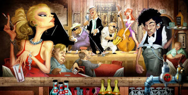 Humor-themed canvas art print titled "Jam Session" by Alvez A. Perez, featuring musical instruments and vibrant colors.