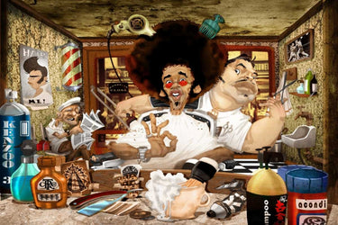 Feeling at Home art print featuring The Barbers Shop fashion canvas artwork by Alvez A. - Perez, showcasing stylish barber scene.