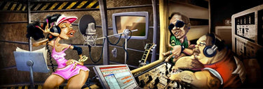 Humor-themed recording studio canvas art print by Alvez A. Perez, featuring musical equipment and studio scene for music lovers.