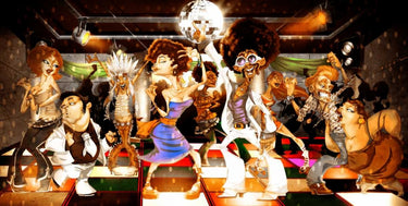 Disco Club -1 dance canvas art print by Alvez A. Perez featuring vibrant, colorful abstract dance scene for modern home decor.