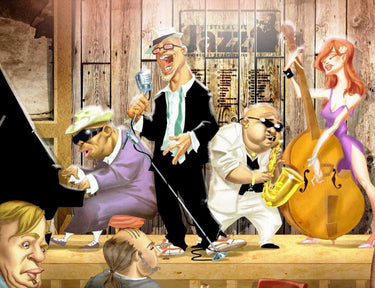 Humor canvas art print of musicians jam session by Feeling at Home, featuring lively music scene on a colorful background.