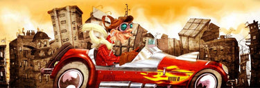 Humorous Crazy Cars canvas art print by Alvez A. Perez featuring vibrant, comic-style car illustrations for home decor.