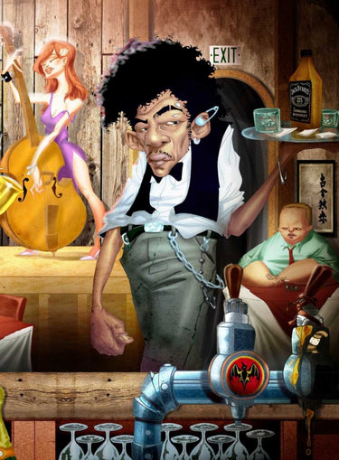 Humor-themed canvas art print featuring a barman enjoying a jam session, by Alvez A. Perez, from Feeling at Home collection.