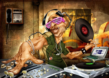 Humor-themed canvas art print by Alvez A. Perez featuring DJ Frank, suitable for home decor, from Feeling at Home brand.