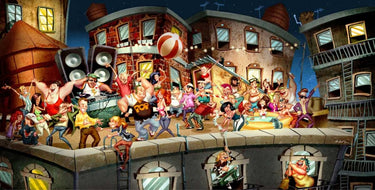 Humor canvas art print titled "Party on the Roof" by Alvez A. Perez, featuring vibrant colors and playful rooftop scene.