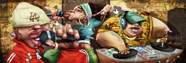 Feeling at Home Rappers fashion canvas art print by Alvez A. Perez featuring vibrant rapper illustrations on textured canvas.
