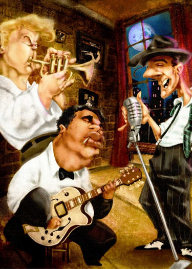 Jazz club humor canvas art print by Alvez A. Perez featuring vibrant band scene, perfect for music lovers' home decor.