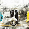 Vespa scooter in New York transportation canvas art print by Feeling at Home, featuring a vibrant city scene with a Vespa.