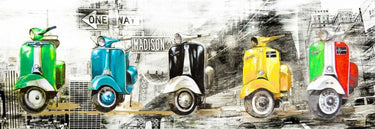 Vespa scooter in New York transportation canvas art print by Feeling at Home, featuring a vibrant city scene with a Vespa.