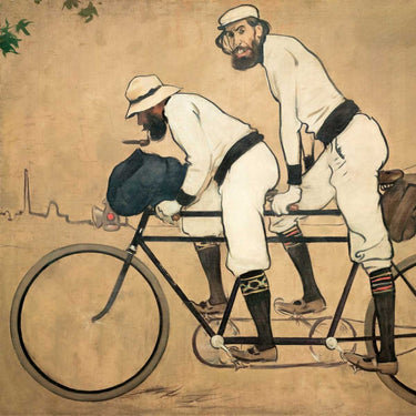 European canvas art print featuring Ramon Casas and Pere Romeu on a tandem bicycle, by Feeling at Home.