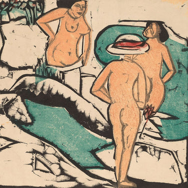 Women bathing between white stones figurative canvas art print by Kirchner Ernst Ludwig, featuring serene scene with water and stones.