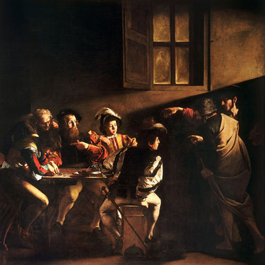 Feeling at home art print of Caravaggio's The Calling of Saint Matthew, figurative canvas wall art with detailed religious scene.