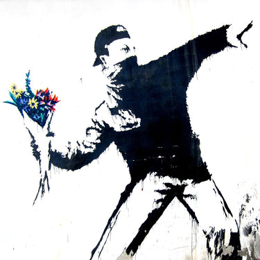 Contemporary canvas art print of Bethlehem Palestine graffiti attributed to Banksy, featuring vivid street art details by Feeling at Home.