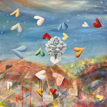 Landscape canvas art print titled "Cuori in liberta" by Larotonda Donato, featuring vibrant colors and abstract heart imagery.