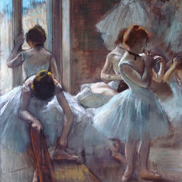 Figurative canvas art print of dancers by Edgar Degas, featuring graceful ballet figures in motion, mounted on a canvas.