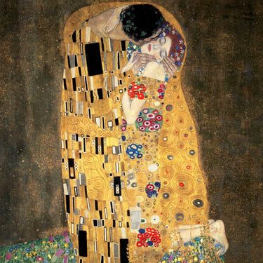 Gustav Klimt's The Kiss figurative canvas art print with detailed gold accents, displayed as a decorative art piece by Feeling at Home.