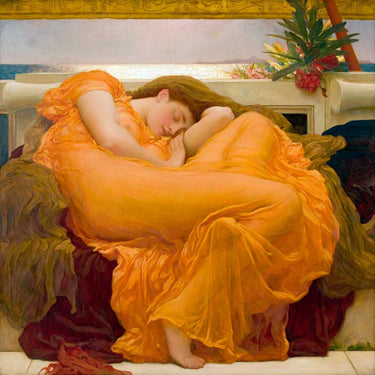 Feeling at home Flaming June traditional canvas art print by Leighton Frederic, vibrant floral and figure design on textured canvas