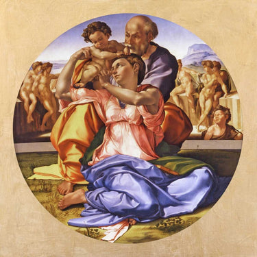 European canvas art print of Michelangelo's Tondo Doni by Feeling at Home, showcasing Renaissance artwork on canvas.