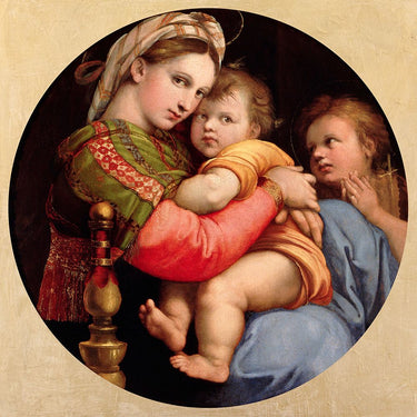 Feeling at home Madonna della seggiola canvas art print by Raffaello, featuring a detailed reproduction of the classical painting.