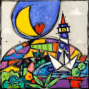 Art Print on canvas Il grande faro blu by Wallas Landscape Post-Impressionism artwork