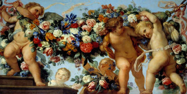 Traditional canvas art print of floral garlands titled "Amours et guirlandes de fleurs" by Maratta Carlo, from Feeling at Home.